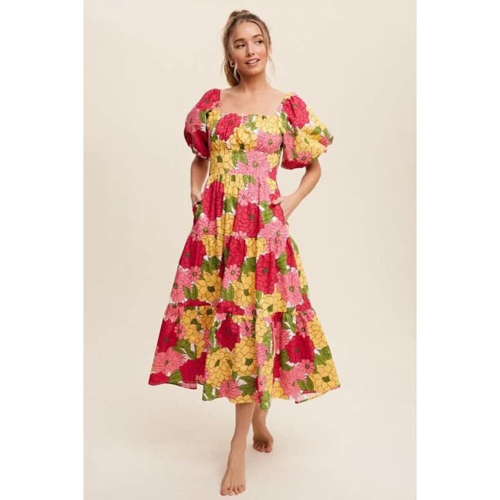 Listicle Floral Paradise Pink & Yellow Tiered Puff Sleeve Midi Dress, L